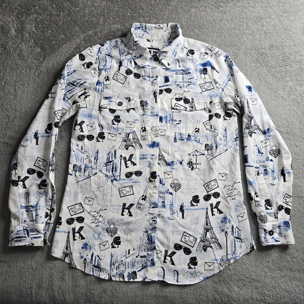 Karl Lagerfeld Paris Whimsical Button Down Blouse Womens XS Roll Tab Sleeves